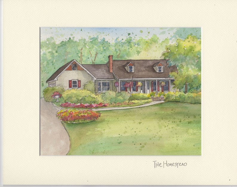 Puede incluir: Pintura a la acuarela de una casa con un c&eacute;sped verde y una entrada curva. La casa tiene un exterior beige claro, contraventanas rojas y un tejado marr&oacute;n. Frondosos &aacute;rboles verdes y flores coloridas rodean la casa. El texto "The Homestead" est&aacute; escrito abajo.