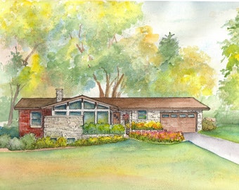 Home painting in watercolor, 8"x 10" Architectural color sketch of your home from photo,  Color portrait of family house