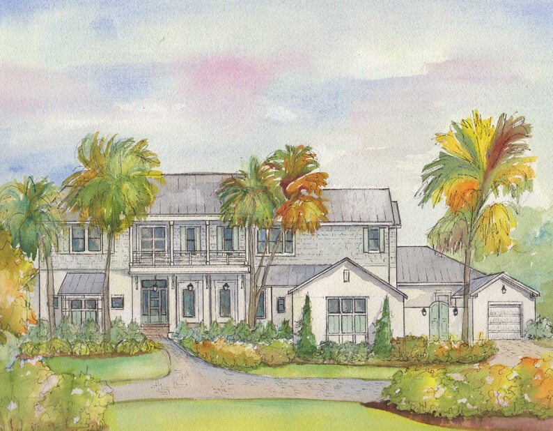 hand painted home portrait in watercolor