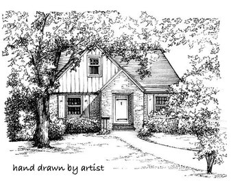 House Portrait in Ink 8"x 10" in 11"x 14" mat - your home drawn in ink - Architectural sketch of building - Black ink drawing custom artwork