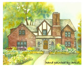 Tu casa, pintada a mano por un artista, boceto personalizado en acuarela de la casa con detalles en tinta, Ilustración arquitectónica