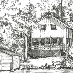 May include: A black and white line drawing of a house with a porch and a small shed in front of it. The house is surrounded by trees.