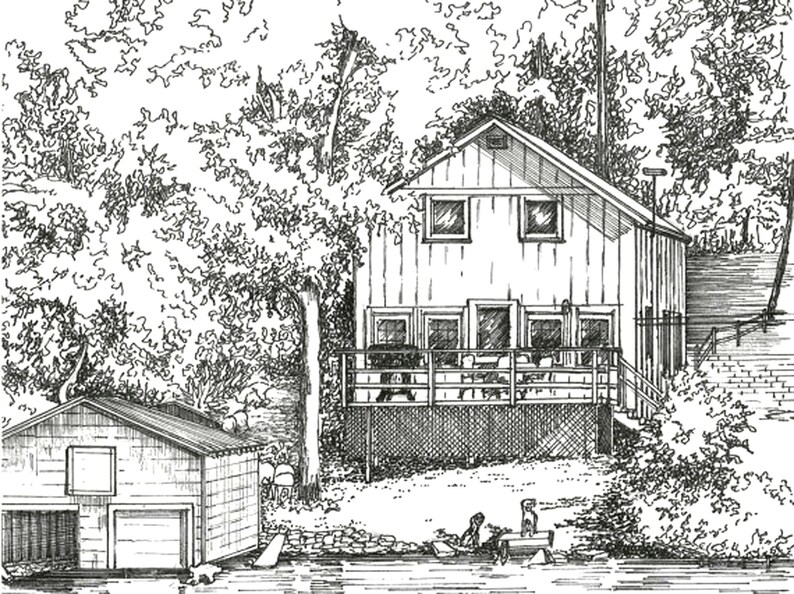 May include: A black and white line drawing of a house with a porch and a small shed in front of it. The house is surrounded by trees.