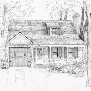 May include: Black and white line drawing of a house with a stone facade, a garage door, and a porch. The house has a shingled roof and a dormer window. There are trees and bushes surrounding the house.