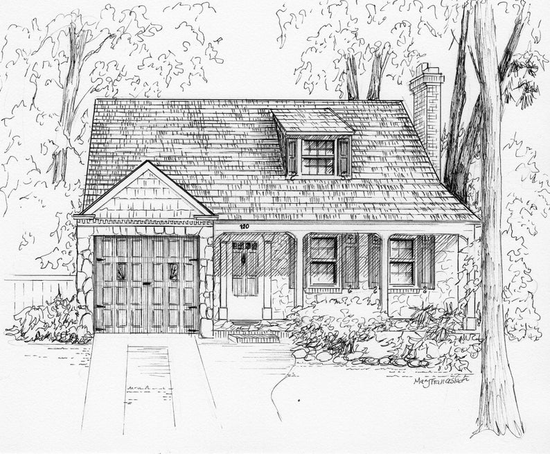 Custom House Sketch, hand drawn home portrait in ink, commissioned architectural drawing from photo image 6