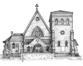 Custom Wedding Venue Sketch, portrait of your church, drawn in pen and ink, Black Ink original drawing