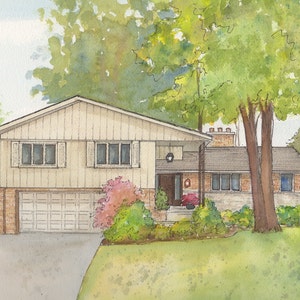 May include: A watercolor painting of a suburban home with a light beige exterior, a brown roof, and a two-car garage. The house is surrounded by lush green grass and trees.