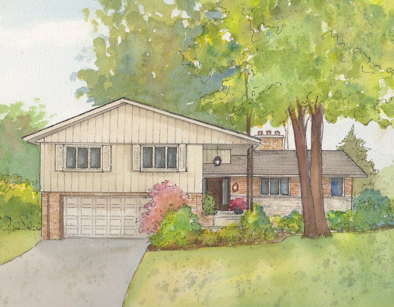 May include: A watercolor painting of a suburban home with a light beige exterior, a brown roof, and a two-car garage. The house is surrounded by lush green grass and trees.