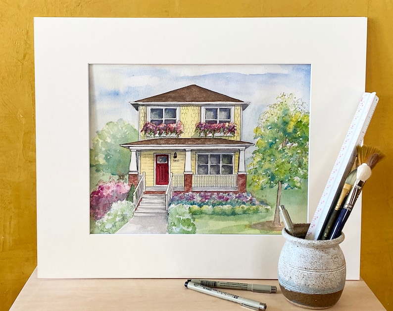 Artist rendering of your home painted in watercolor with ink detailing, Custom house portrait, Commissioned architectural home portrait bild 10