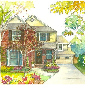 May include: A watercolor painting of a two-story house with a brick facade and a yellow front door. The house has a large front yard with a variety of trees and flowers. The house is surrounded by lush green trees.