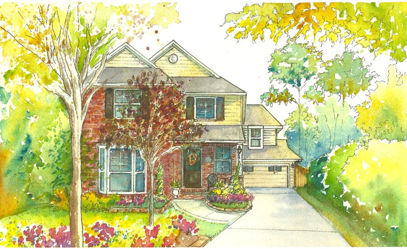 May include: A watercolor painting of a two-story house with a brick facade and a yellow front door. The house has a large front yard with a variety of trees and flowers. The house is surrounded by lush green trees.