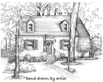 Custom architectural illustration in ink of your home or cottage, house portrait, black and white ink sketch