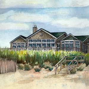 May include: A watercolor painting of a brown house with a green roof, set against a backdrop of a blue sky with white clouds. The house is situated on a sandy beach with tall green grasses and a wooden fence in the foreground. A wooden staircase leads up to the house.