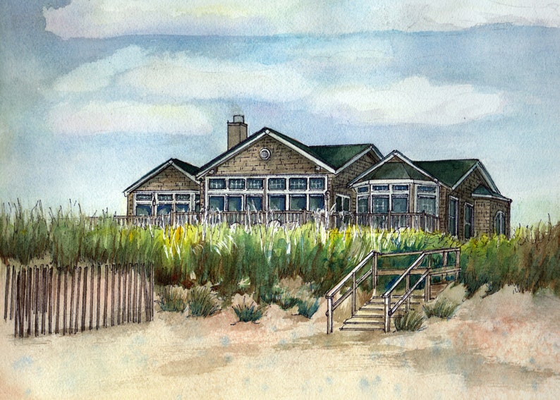 May include: A watercolor painting of a brown house with a green roof, set against a backdrop of a blue sky with white clouds. The house is situated on a sandy beach with tall green grasses and a wooden fence in the foreground. A wooden staircase leads up to the house.