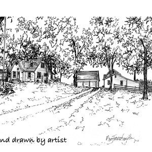 May include: Black and white ink drawing of a house with a driveway and trees. The drawing is signed "Mary Frances Smith". The text "hand drawn by artist" is at the bottom of the drawing.