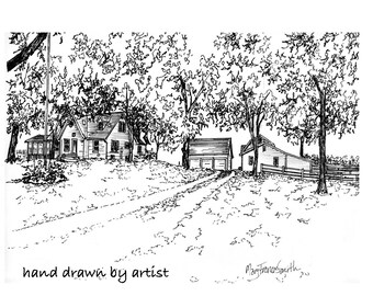 Home portrait of vacation spot, architectural sketch of your airbnb, lake cottage, cabin, or resort, ink custom drawn