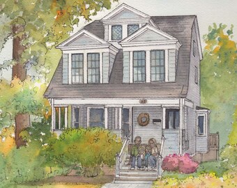 Artist rendering of your home painted in watercolor with ink detailing, Custom house portrait, Commissioned architectural home portrait