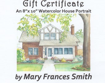 Portrait of home in watercolor, gift certificate for house portrait, hand painted custom sketch of house or building in color from photo