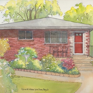 May include: A watercolor painting of a brick house with a red door and a gray roof. The house is surrounded by green trees and bushes. The text "Home is Where Your Story Begins" is written below the house.