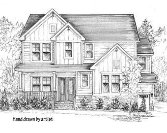 House Drawn in Ink, Created from photo, Customized home decor