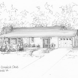 May include: A black and white line drawing of a single-story house with a garage. The house has a brick exterior and a pitched roof. There are trees and bushes surrounding the house. The address "7542 Comanche Drive Richmond VA" is written below the house.