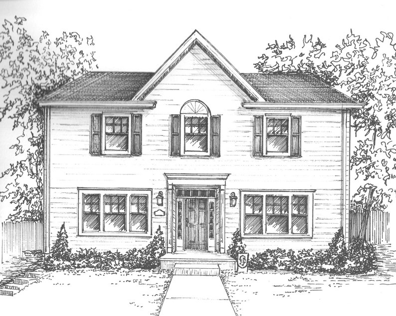 Custom Home Portrait, Family home drawn in ink, 5x 7 commission art from photo, ships free to US, family house drawing image 4