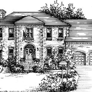 May include: Black and white line drawing of a two-story house with a brick exterior. The house has a large front porch with a double door entrance and a garage with two doors. There are trees and bushes surrounding the house.