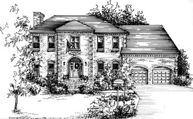 May include: Black and white line drawing of a two-story house with a brick exterior. The house has a large front porch with a double door entrance and a garage with two doors. There are trees and bushes surrounding the house.
