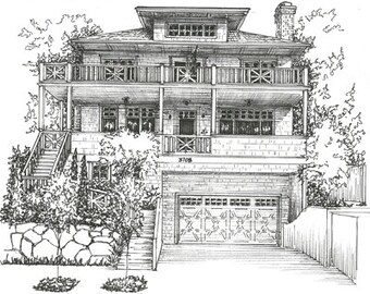 Custom House Portrait, Drawing of house in ink, black and white architectural sketch