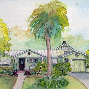 May include: Watercolor painting of a green house with a white roof and a palm tree in the front yard. The house has a front porch with a door and windows. There are bushes and flowers in the yard.