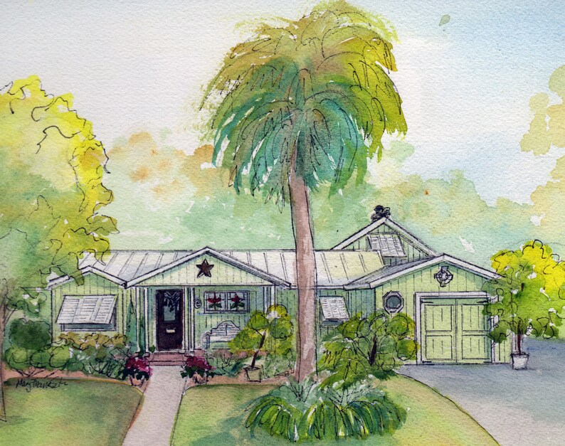 May include: Watercolor painting of a green house with a white roof and a palm tree in the front yard. The house has a front porch with a door and windows. There are bushes and flowers in the yard.
