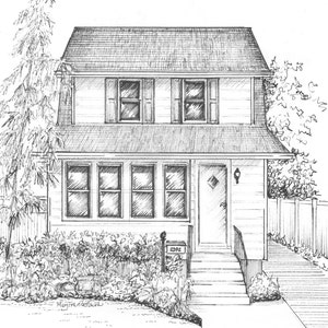 May include: A black and white line drawing of a two-story house with a front porch and steps. The house has a shingled roof, two windows on the second floor, and three windows on the first floor. There is a bush in front of the house and a mailbox with the number 292 on it.
