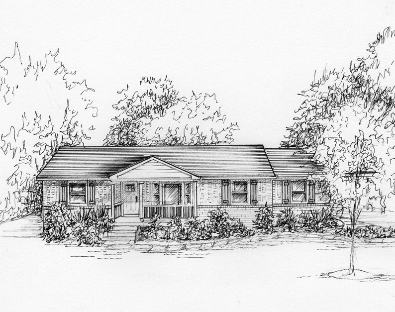 Custom Home Portrait, Family home drawn in ink, 5x 7 commission art from photo, ships free to US, family house drawing image 8