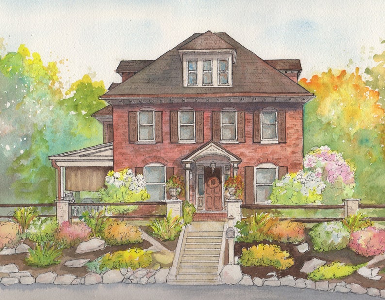 Artist rendering of your home painted in watercolor with ink detailing, Custom house portrait, Commissioned architectural home portrait bild 7