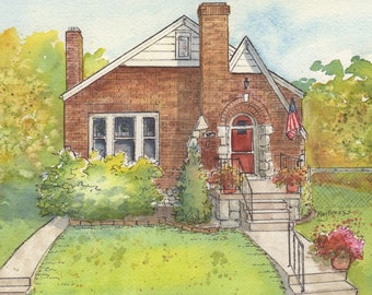 Painted house sketch in watercolor, 8"x 10" architectural drawing of your home from photo