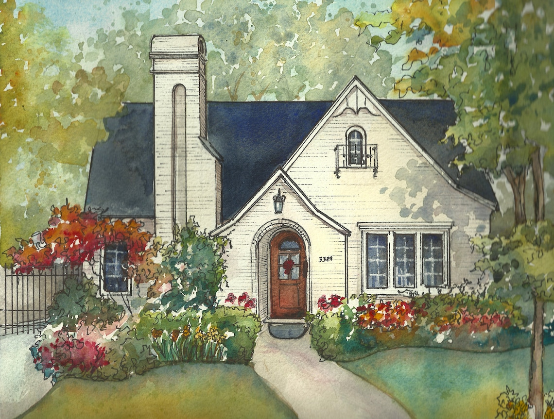 House Painting in Watercolor With Ink Details Custom Portrait Etsy