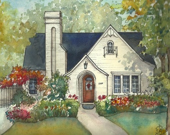 House painting in watercolor with ink details, custom portrait of your home  family home drawing  Commissioned house art - Photo to art