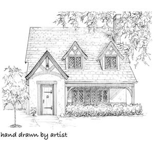 May include: A black and white line drawing of a small cottage with a gabled roof, a front porch, and a tree in the front yard. The drawing is labeled "hand drawn by artist".