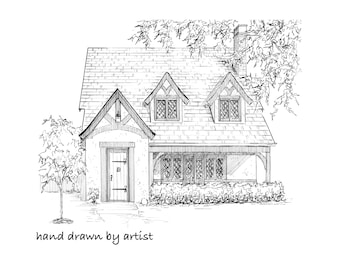 House Drawn in Ink, 5&quot;x 7&quot;sketch of your home, custom architectural rendering, hand drawn in ink