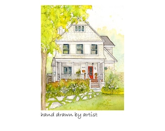 Watercolor House Portrait,  5&quot;x 7&quot; custom painting of your home in 8&quot;x 10&quot; mat, hand drawn artwork created from photo