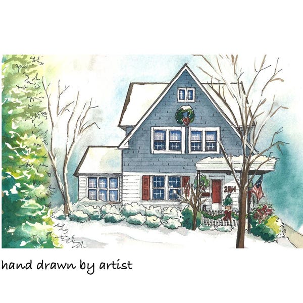 May include: Watercolor painting of a house in winter. The house has a blue exterior, white trim, and red shutters. A wreath hangs on the front door. The text "hand drawn by artist" is at the bottom.