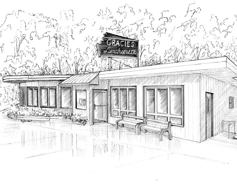 May include: A black and white line drawing of a small building with a sign that reads "Gracies Lunchroom". The building has a large window and a door. There are two benches in front of the building.