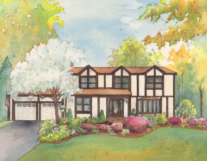 Artist rendering of your home painted in watercolor with ink detailing, Custom house portrait, Commissioned architectural home portrait bild 6