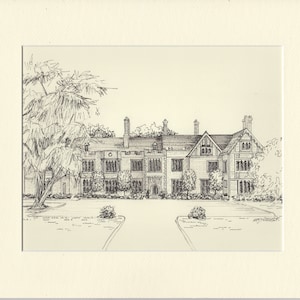 May include: Black and white pen and ink drawing of a large, multi-story house with a long driveway and trees in the front yard.