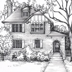Custom House Sketch, hand drawn home portrait in ink, commissioned architectural drawing from photo