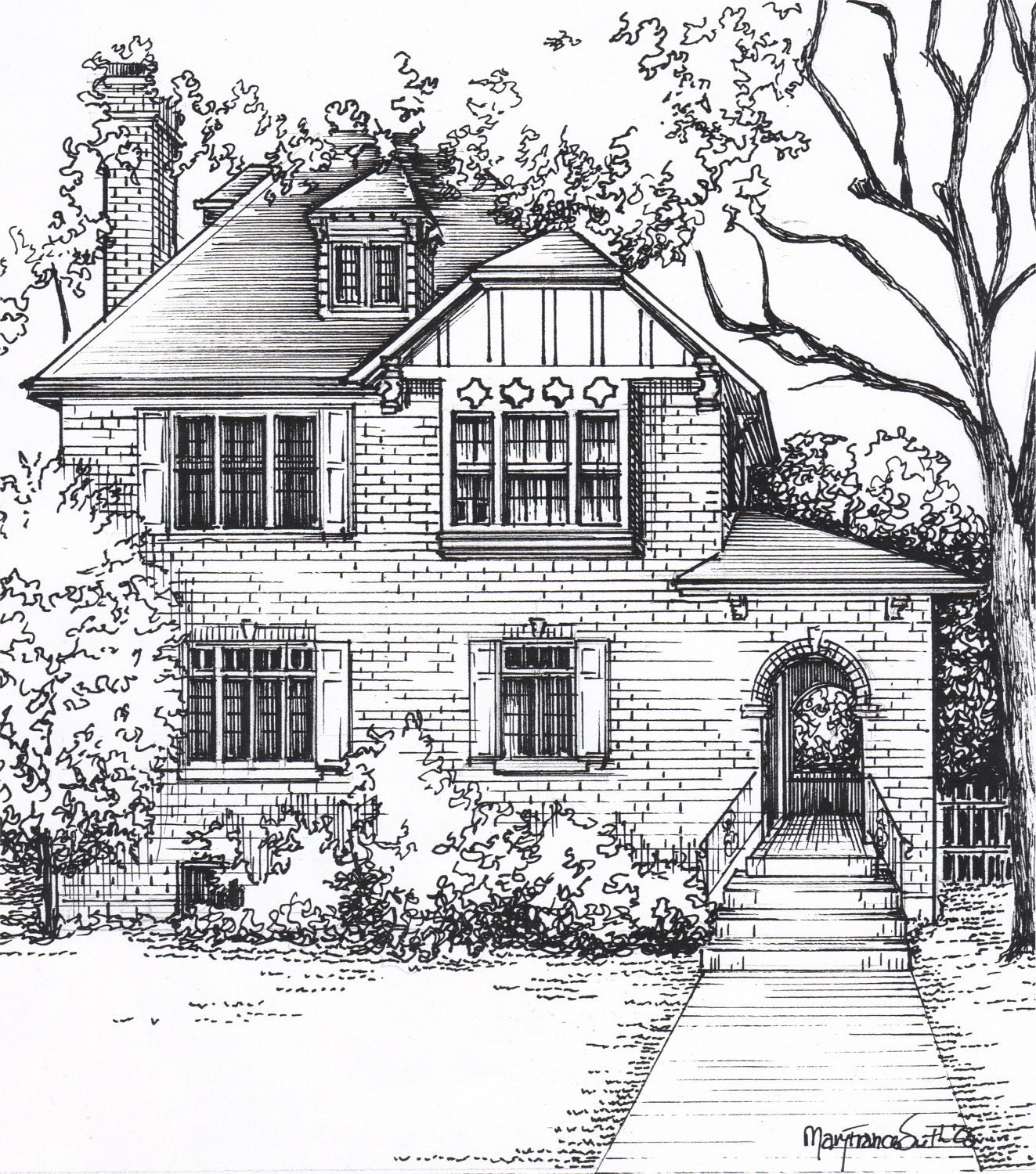 Custom House Sketch hand drawn home portrait in ink Etsy