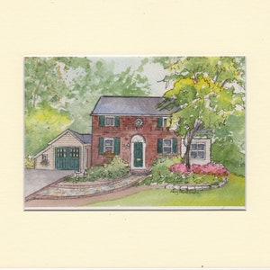 May include: Watercolor painting of a red brick house with a green door and a white garage. The house is surrounded by green trees and bushes, and there is a stone walkway leading to the front door.