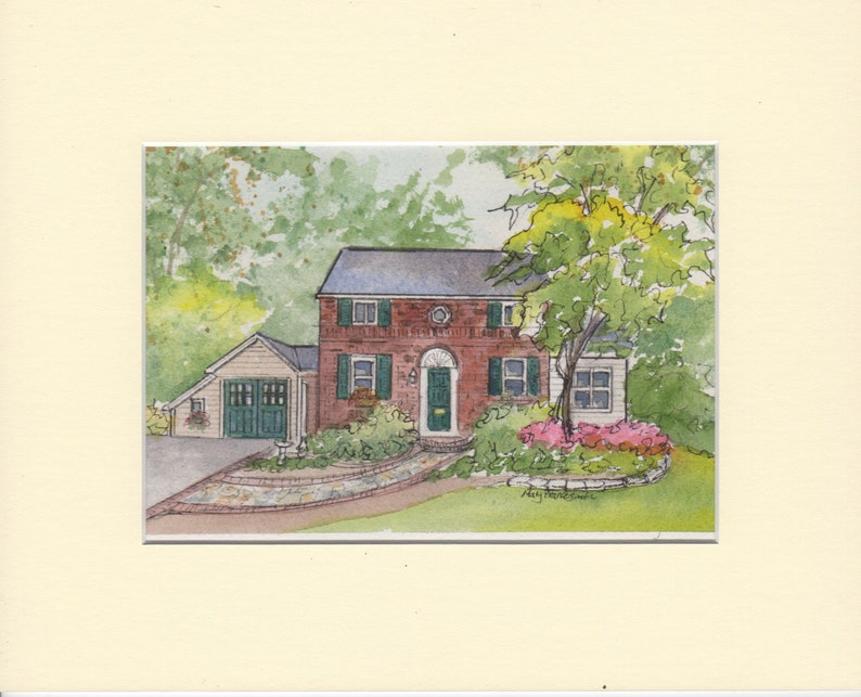 May include: Watercolor painting of a red brick house with a green door and a white garage. The house is surrounded by green trees and bushes, and there is a stone walkway leading to the front door.