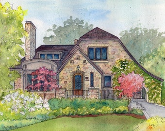 Watercolor House portrait,  custom painted by hand from your pictures