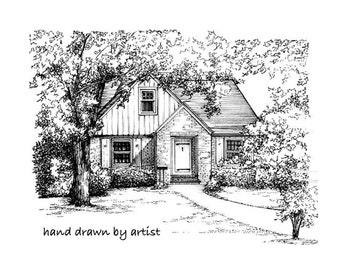 House Portrait in Ink 8"x 10" in 11"x 14" mat - your home drawn in ink - Architectural sketch of building - Black ink drawing custom artwork